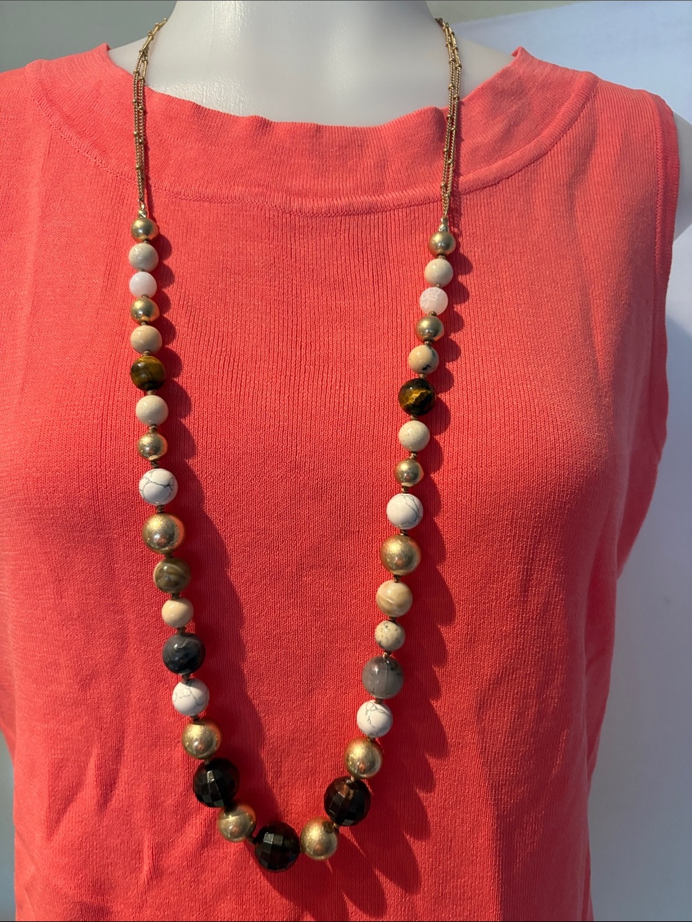 Plunder Gold, White, Black & Brown Beaded Long 36” Necklace (v)